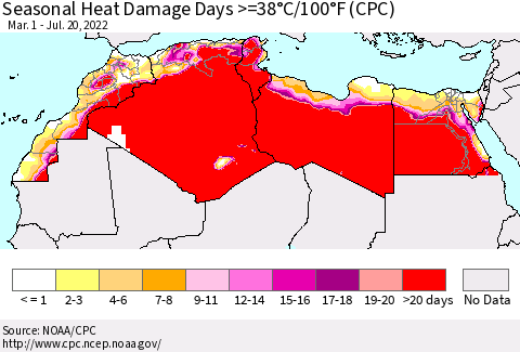 North Africa Seasonal Heat Damage Days >=38°C/100°F (CPC) Thematic Map For 3/1/2022 - 7/20/2022