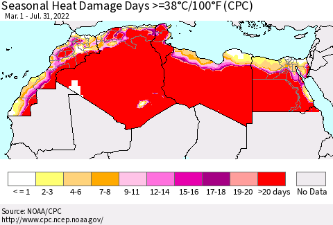 North Africa Seasonal Heat Damage Days >=38°C/100°F (CPC) Thematic Map For 3/1/2022 - 7/31/2022