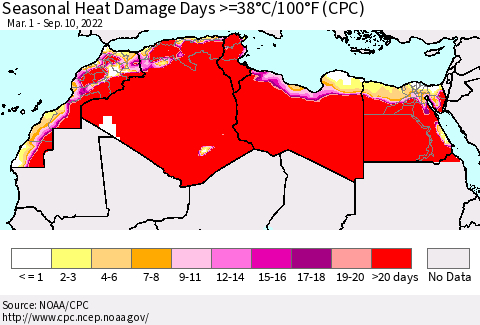 North Africa Seasonal Heat Damage Days >=38°C/100°F (CPC) Thematic Map For 3/1/2022 - 9/10/2022