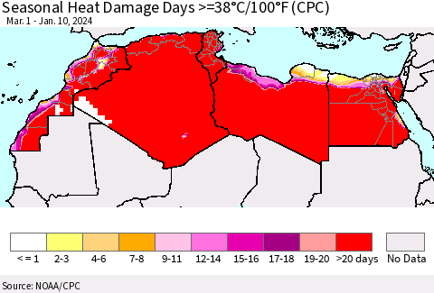 North Africa Seasonal Heat Damage Days >=38°C/100°F (CPC) Thematic Map For 3/1/2023 - 1/10/2024