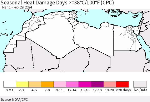 North Africa Seasonal Heat Damage Days >=38°C/100°F (CPC) Thematic Map For 3/1/2023 - 2/29/2024