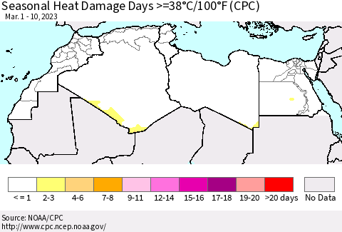 North Africa Seasonal Heat Damage Days >=38°C/100°F (CPC) Thematic Map For 3/1/2023 - 3/10/2023