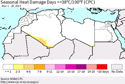 North Africa Seasonal Heat Damage Days >=38°C/100°F (CPC) Thematic Map For 3/1/2023 - 3/20/2023