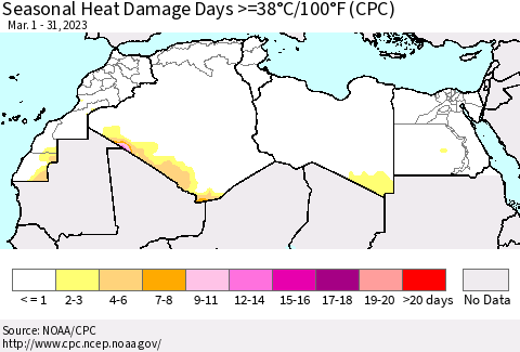 North Africa Seasonal Heat Damage Days >=38°C/100°F (CPC) Thematic Map For 3/1/2023 - 3/31/2023