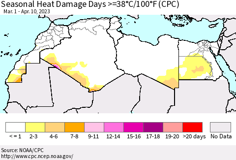 North Africa Seasonal Heat Damage Days >=38°C/100°F (CPC) Thematic Map For 3/1/2023 - 4/10/2023