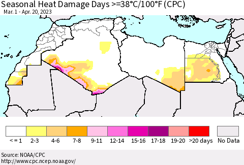 North Africa Seasonal Heat Damage Days >=38°C/100°F (CPC) Thematic Map For 3/1/2023 - 4/20/2023