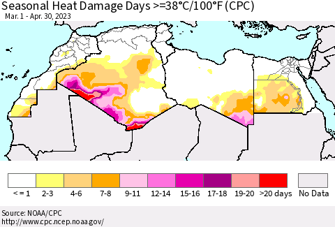 North Africa Seasonal Heat Damage Days >=38°C/100°F (CPC) Thematic Map For 3/1/2023 - 4/30/2023