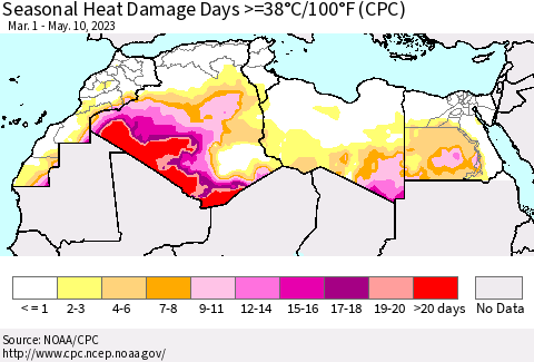 North Africa Seasonal Heat Damage Days >=38°C/100°F (CPC) Thematic Map For 3/1/2023 - 5/10/2023