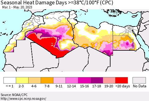North Africa Seasonal Heat Damage Days >=38°C/100°F (CPC) Thematic Map For 3/1/2023 - 5/20/2023