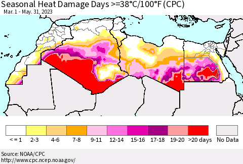 North Africa Seasonal Heat Damage Days >=38°C/100°F (CPC) Thematic Map For 3/1/2023 - 5/31/2023