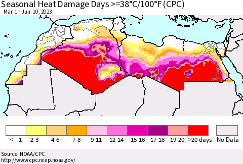 North Africa Seasonal Heat Damage Days >=38°C/100°F (CPC) Thematic Map For 3/1/2023 - 6/10/2023