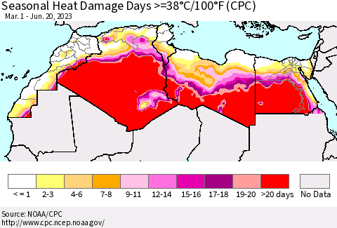 North Africa Seasonal Heat Damage Days >=38°C/100°F (CPC) Thematic Map For 3/1/2023 - 6/20/2023