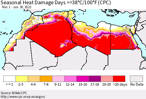 North Africa Seasonal Heat Damage Days >=38°C/100°F (CPC) Thematic Map For 3/1/2023 - 6/30/2023
