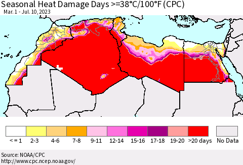 North Africa Seasonal Heat Damage Days >=38°C/100°F (CPC) Thematic Map For 3/1/2023 - 7/10/2023