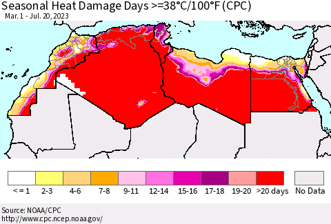 North Africa Seasonal Heat Damage Days >=38°C/100°F (CPC) Thematic Map For 3/1/2023 - 7/20/2023