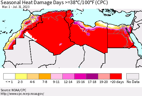 North Africa Seasonal Heat Damage Days >=38°C/100°F (CPC) Thematic Map For 3/1/2023 - 7/31/2023