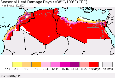 North Africa Seasonal Heat Damage Days >=38°C/100°F (CPC) Thematic Map For 3/1/2023 - 8/20/2023