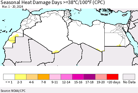 North Africa Seasonal Heat Damage Days >=38°C/100°F (CPC) Thematic Map For 3/1/2024 - 3/20/2024