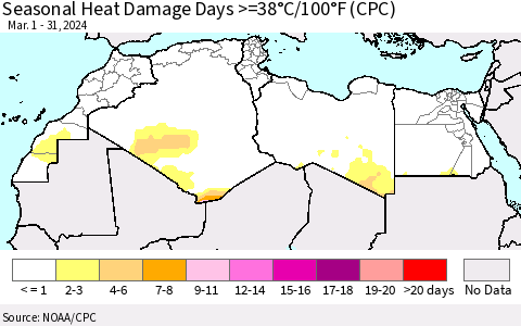 North Africa Seasonal Heat Damage Days >=38°C/100°F (CPC) Thematic Map For 3/1/2024 - 3/31/2024