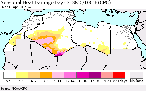 North Africa Seasonal Heat Damage Days >=38°C/100°F (CPC) Thematic Map For 3/1/2024 - 4/10/2024