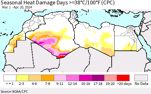 North Africa Seasonal Heat Damage Days >=38°C/100°F (CPC) Thematic Map For 3/1/2024 - 4/20/2024