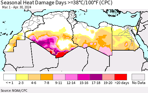 North Africa Seasonal Heat Damage Days >=38°C/100°F (CPC) Thematic Map For 3/1/2024 - 4/30/2024