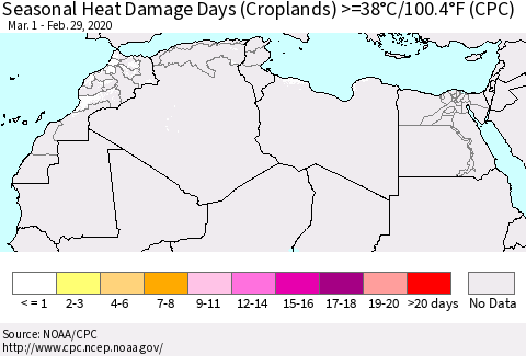 North Africa Seasonal Heat Damage Days (Croplands) >=38°C/100°F (CPC) Thematic Map For 3/1/2019 - 2/29/2020