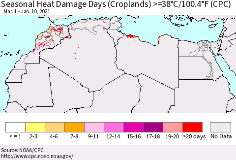 North Africa Seasonal Heat Damage Days (Croplands) >=38°C/100°F (CPC) Thematic Map For 3/1/2020 - 1/10/2021
