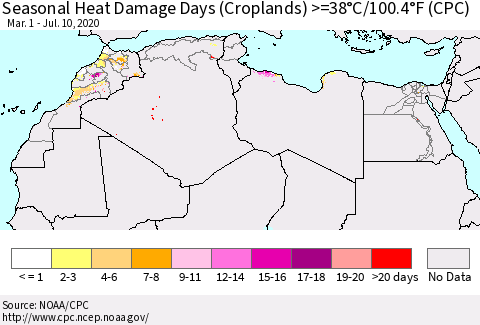 North Africa Seasonal Heat Damage Days (Croplands) >=38°C/100°F (CPC) Thematic Map For 3/1/2020 - 7/10/2020