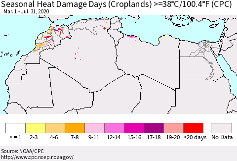 North Africa Seasonal Heat Damage Days (Croplands) >=38°C/100°F (CPC) Thematic Map For 3/1/2020 - 7/31/2020