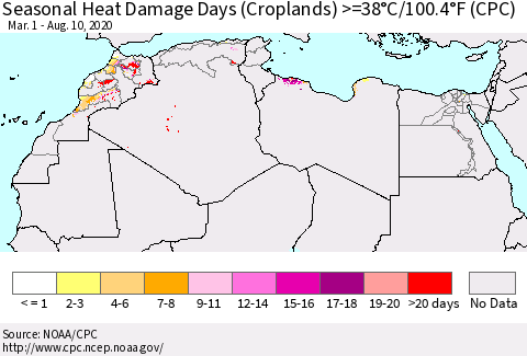 North Africa Seasonal Heat Damage Days (Croplands) >=38°C/100°F (CPC) Thematic Map For 3/1/2020 - 8/10/2020