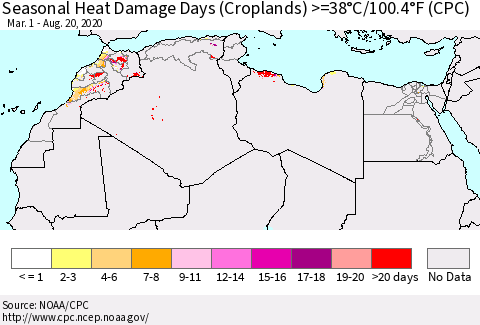 North Africa Seasonal Heat Damage Days (Croplands) >=38°C/100°F (CPC) Thematic Map For 3/1/2020 - 8/20/2020