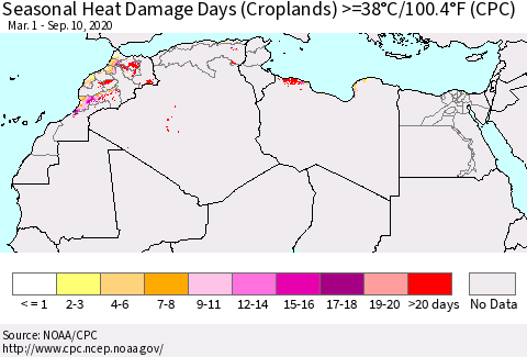 North Africa Seasonal Heat Damage Days (Croplands) >=38°C/100°F (CPC) Thematic Map For 3/1/2020 - 9/10/2020