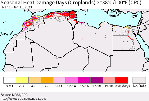 North Africa Seasonal Heat Damage Days (Croplands) >=38°C/100°F (CPC) Thematic Map For 3/1/2022 - 1/10/2023