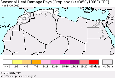 North Africa Seasonal Heat Damage Days (Croplands) >=38°C/100°F (CPC) Thematic Map For 3/1/2022 - 3/10/2022