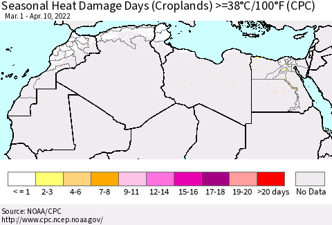 North Africa Seasonal Heat Damage Days (Croplands) >=38°C/100°F (CPC) Thematic Map For 3/1/2022 - 4/10/2022