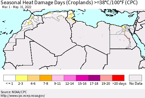 North Africa Seasonal Heat Damage Days (Croplands) >=38°C/100°F (CPC) Thematic Map For 3/1/2022 - 5/31/2022