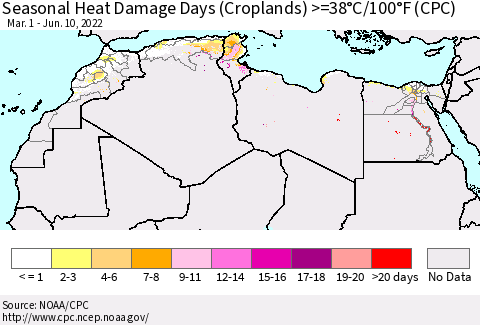 North Africa Seasonal Heat Damage Days (Croplands) >=38°C/100°F (CPC) Thematic Map For 3/1/2022 - 6/10/2022