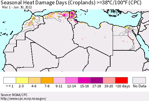 North Africa Seasonal Heat Damage Days (Croplands) >=38°C/100°F (CPC) Thematic Map For 3/1/2022 - 6/30/2022