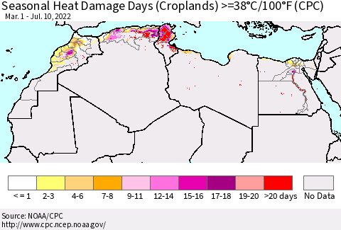 North Africa Seasonal Heat Damage Days (Croplands) >=38°C/100°F (CPC) Thematic Map For 3/1/2022 - 7/10/2022