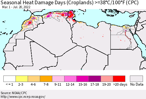 North Africa Seasonal Heat Damage Days (Croplands) >=38°C/100°F (CPC) Thematic Map For 3/1/2022 - 7/20/2022