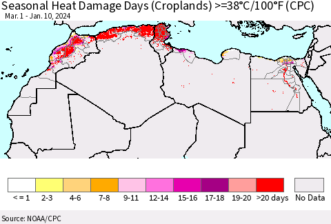 North Africa Seasonal Heat Damage Days (Croplands) >=38°C/100°F (CPC) Thematic Map For 3/1/2023 - 1/10/2024