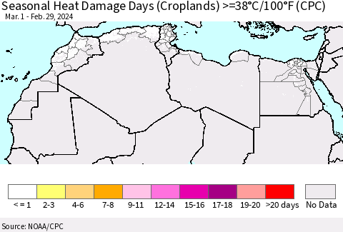 North Africa Seasonal Heat Damage Days (Croplands) >=38°C/100°F (CPC) Thematic Map For 3/1/2023 - 2/29/2024