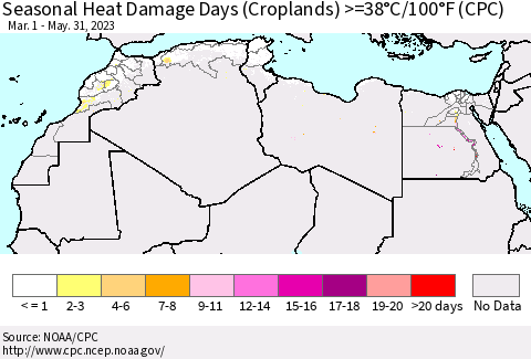 North Africa Seasonal Heat Damage Days (Croplands) >=38°C/100°F (CPC) Thematic Map For 3/1/2023 - 5/31/2023