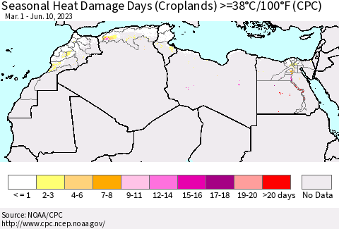 North Africa Seasonal Heat Damage Days (Croplands) >=38°C/100°F (CPC) Thematic Map For 3/1/2023 - 6/10/2023