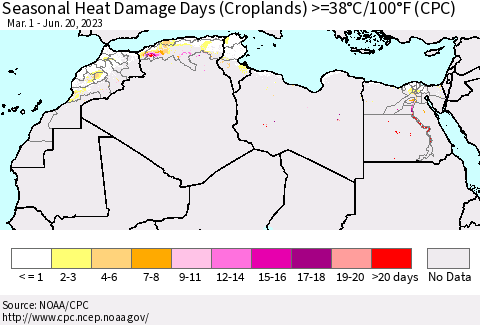 North Africa Seasonal Heat Damage Days (Croplands) >=38°C/100°F (CPC) Thematic Map For 3/1/2023 - 6/20/2023