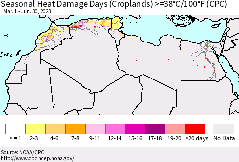 North Africa Seasonal Heat Damage Days (Croplands) >=38°C/100°F (CPC) Thematic Map For 3/1/2023 - 6/30/2023