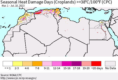 North Africa Seasonal Heat Damage Days (Croplands) >=38°C/100°F (CPC) Thematic Map For 3/1/2023 - 7/10/2023
