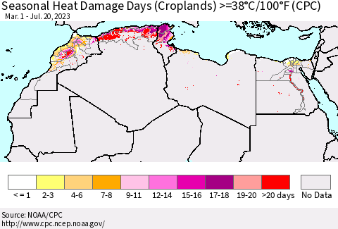 North Africa Seasonal Heat Damage Days (Croplands) >=38°C/100°F (CPC) Thematic Map For 3/1/2023 - 7/20/2023