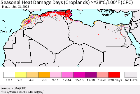 North Africa Seasonal Heat Damage Days (Croplands) >=38°C/100°F (CPC) Thematic Map For 3/1/2023 - 7/31/2023